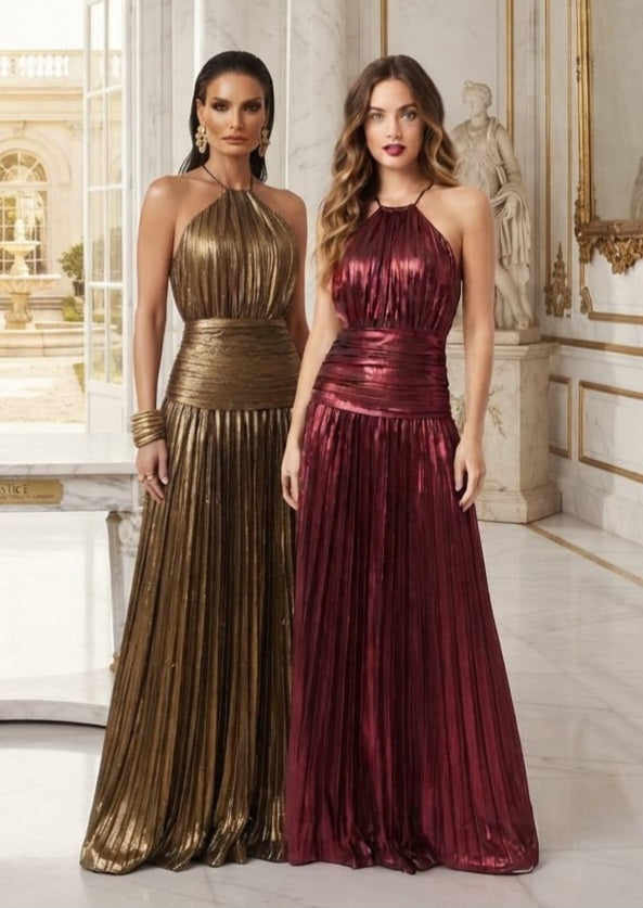 Vestido metálico oro y vino