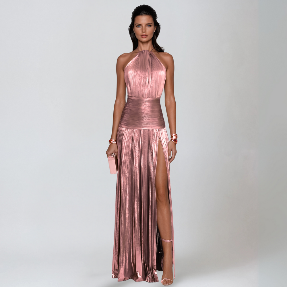 Vestido palo de rosa metalico