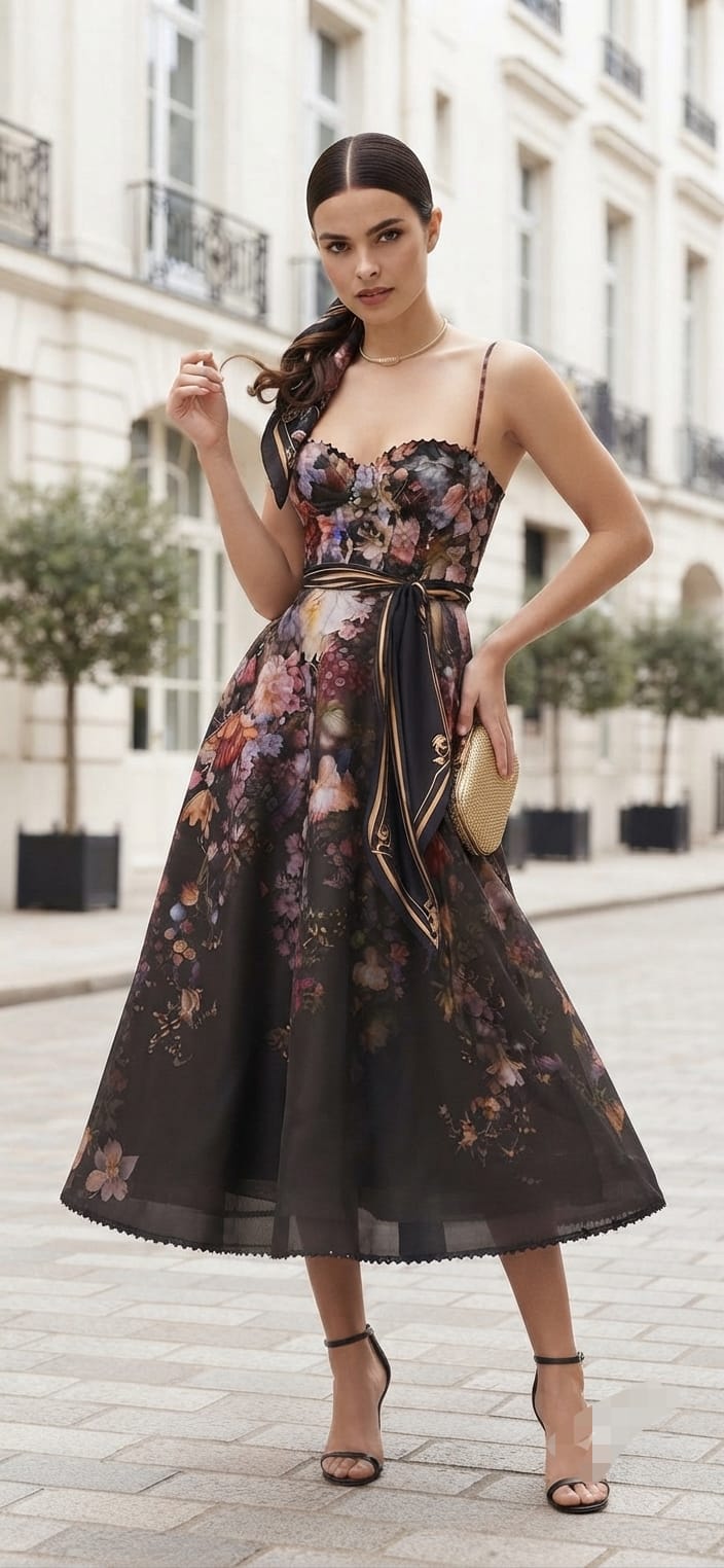 Vestido negro tirantes floreado