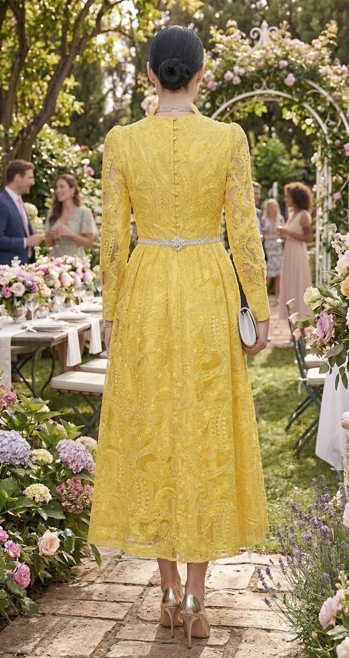 Vestido amarillo suave midi, cinturón perlas