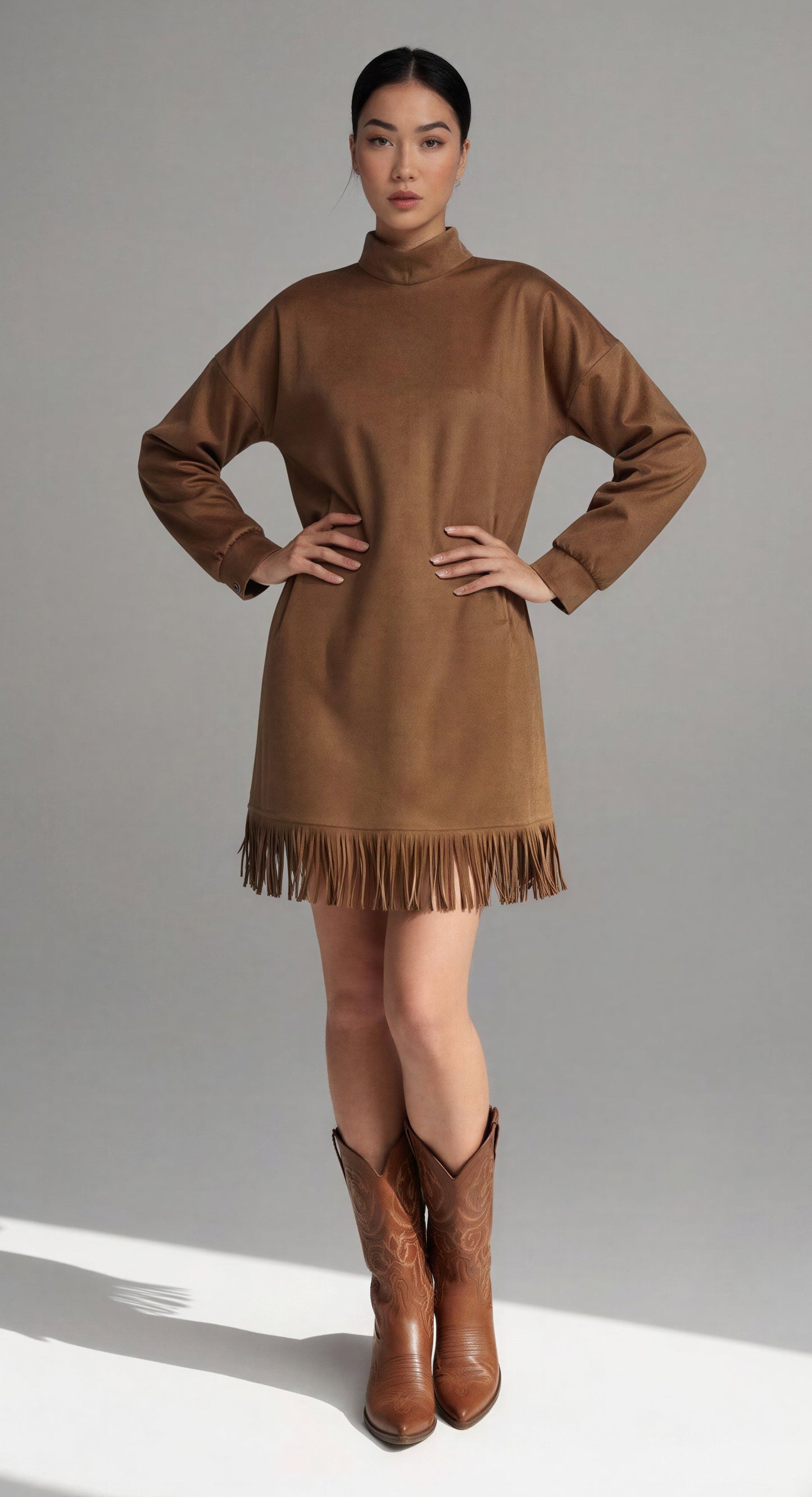 Vestido boho cafe corto flecos