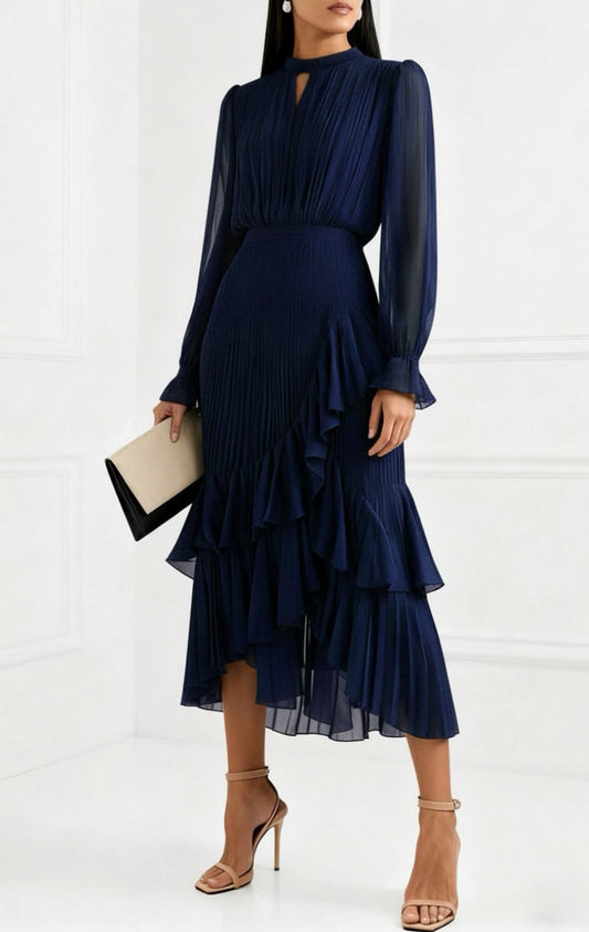 Vestido azul marino midi plisado